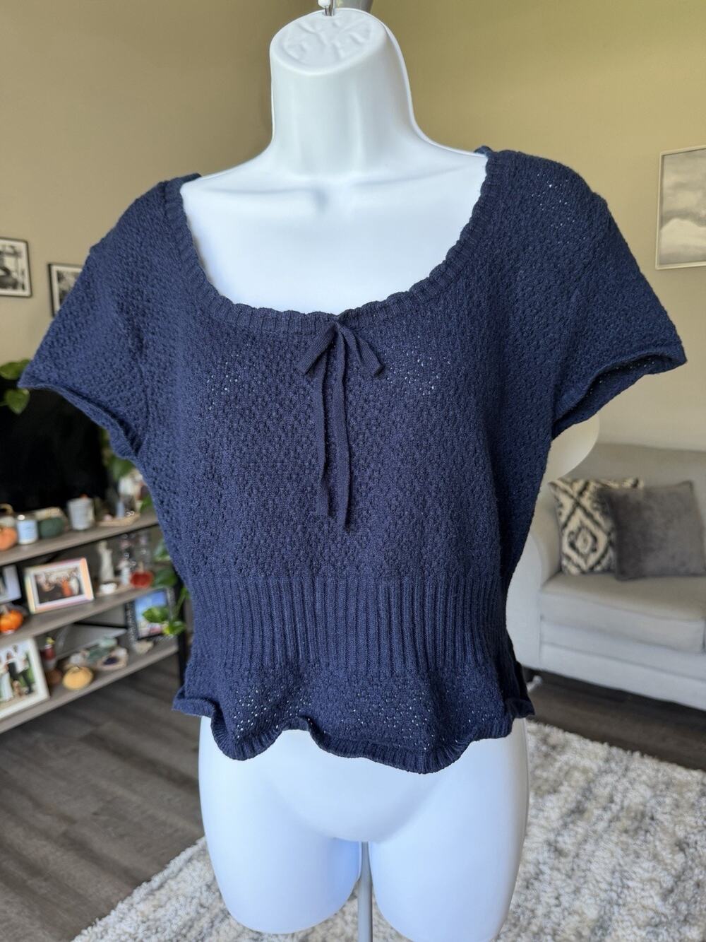 PacSun Navy XL Crochet Knit Ribbon Waist Casual Sweater Top #1056